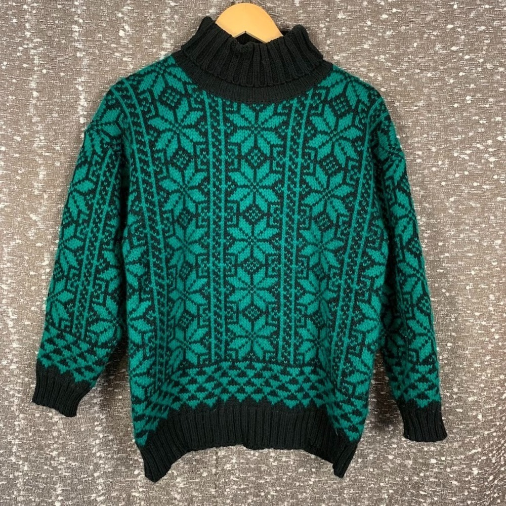 Vintage FaBE Green Patterned Knit Cowlneck Sweater Retro Women's Medium